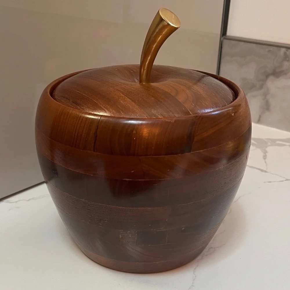 MCM Vintage Large Solid Walnut Ice Bucket Apple Shaped Brass Top